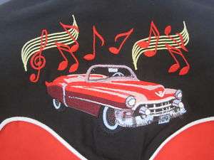 LADIES XS RED BLACK MUSIC NOTES CADILLAC WESTERN SHIRT!  