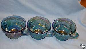 12 Iridescent Blue Carnival Glass Punch Bowl Cups,  