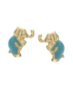 14k Yellow Gold Blue Enamel Elephant Earrings  