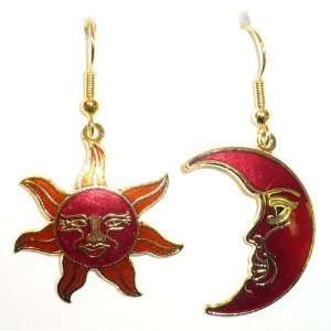  Red Cloisonne Sun & Moon Pierced Earrings Jewelry