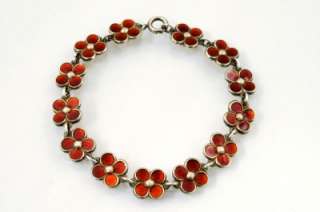  Gilt Sterling Silver Guilloche Enamel Red Flower Bracelet  