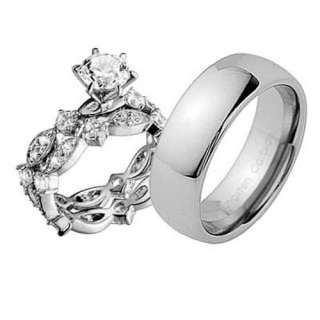   Estated Sterling Silver Tungsten CZ Engagement Wedding 3pcs Ring Set