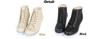   top wedge heel sneakers lace up ankle shoes black beige new  