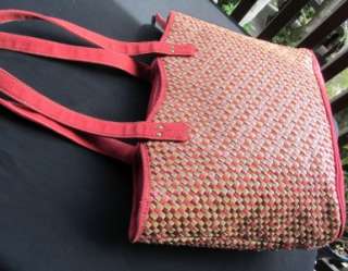 KENNETH COLE Designer RED STRAW WICKER & CANVAS Shopper Bag Tote 