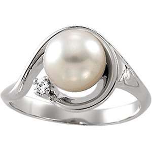  08.00 Mm 14K White Gold Cultured Pearl And Diamond Ring 