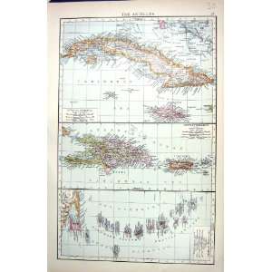  ANTILLES CUBA JAMAICA ANTIQUE MAP c1897 HAYTI PUERTORICO 