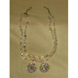  Vintage Crystal Double Strand 15 Inch Necklace & Clip On 