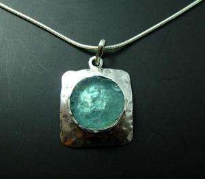 Ancient Roman Glass 925 Silver Pendant Necklace  