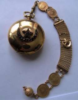 Rare antique gild silver&garnets Ottoman Turkish watch&chain fob by 