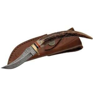    8in. STAG TIP DAMASCUS KNIFE w/ Leather Sheath