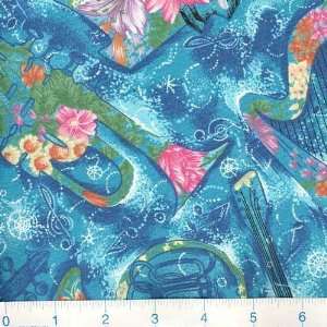 Music From The Heart Floral Instruments Turquoise Fabric By The Yard 