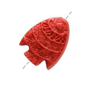  Red Cinnabar Carved Stylized Fish Pendant Bead 25mm (1 