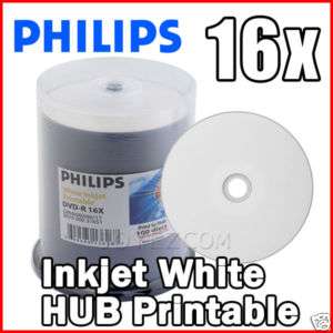 100 PHILIPS 16X Blank DVD R White Inkjet Printable Disc  