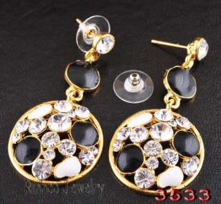   Black round enamel alloy necklace earrings jewelry gold plated #30177
