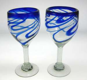   Glasses, blue swirl, Mexican Glassware, hand blown 738435762032  