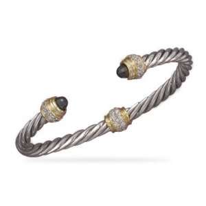    Two Tone Cable Cuff Bracelet with CZ Center and Ends Jewelry