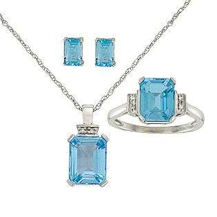 Created Blue Topaz & Diamond Pendant, Earring & Ring Boxed Set. 10K 