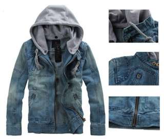 NEW Fashion JEAN JACKET Mens Denim Hooded Jacket Hoody Coat Detachable 