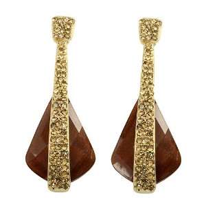    Beautiful Long Crystal Pave Accented Earrings Brown Jewelry