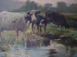 c1890 Antique Cows Landscape Water Oil Painting Animal estate READY TO 