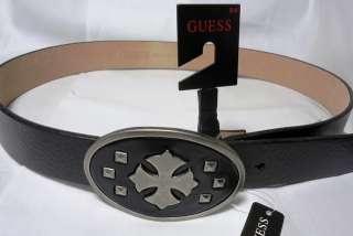 NWT GUESS? MENS INLAY w/CROSS BUCKLE LEATHER BELT  BLACK ALL SIZES 