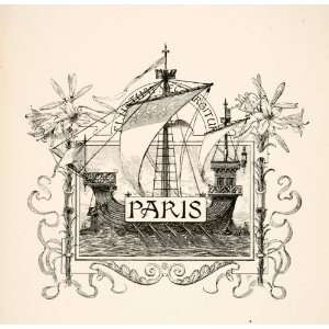 1894 Print Paris Seal Coat Arms Fleur De Lis Lily Iris Boat Rig Sail 