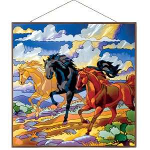   Three Horses Glass Art Panel, 19 1/2 by 19 1/2 Inch