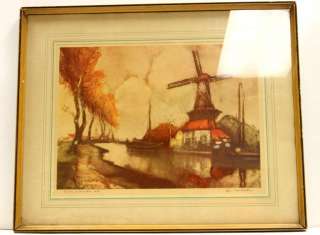 River in Flanders by J. Van Santen 16x39 Print Dutch Windmill Scene 