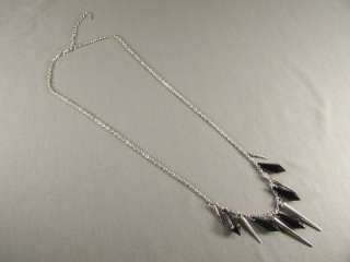 Antiqued Silver tone black faceted beads Spike long 27 chain necklace 