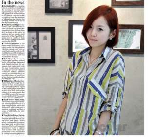 New Stylish Korean Women Half Sleeve Stripe shirt Blouse Loose Dress 