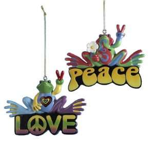  Peace & Love Frogs 2pc Christmas Ornament Set: Home 
