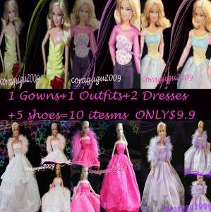 ONLY$9.9 Gown+Outfit+Dress+Shoes10 Items For Barbie F3  