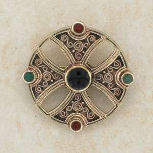 Decorative Irish Celtic Bronze Brooch w/ Carnelian, Onyx and Green 