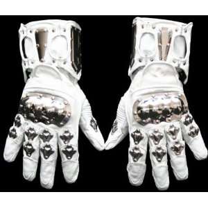  WHITE LEATHER STEEL ARMOR MOTORCYCLE RACE GLOVES XXL Automotive