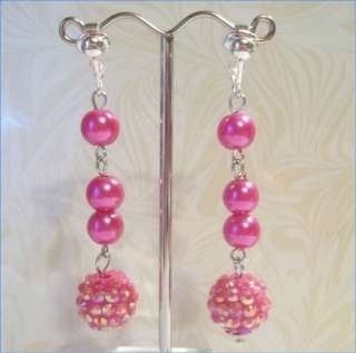   Pink Rhinestone/Glass Pearl 2 Long Dangle Earrings Silver Tone(B763