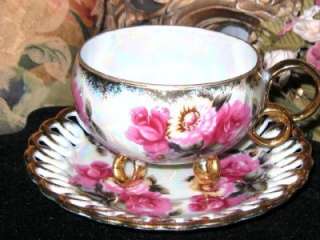 Japan IRIDESCENT & ROSES 3 FOOTED Tea Cup and Saucer