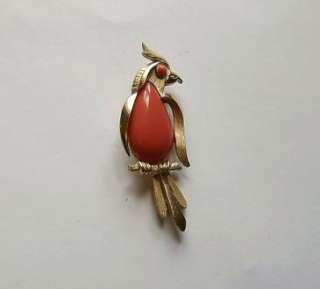 1960s EXOTIC BIRD PARROT PIN by TRIFARI~BIG CORAL COLORED LUCITE 