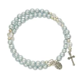 Miraculous Medal Cross Blue Pearl Wrap Rosary Bracelet  