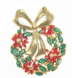 Vintage Gold Tone Enamel Christmas Wreath Brooch  