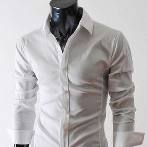 STL) Mens casual slim fit basic dress shirts WHITE  