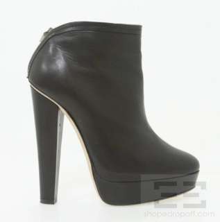   Black Leather Platform Heel Ermine Ankle Boots, Size 36.5  