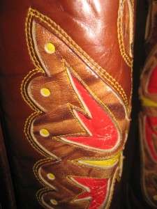 TEXAS Vtg Rare Tall Rust Leather Butterfly Inlay Cowboy Boots Men 8 D 