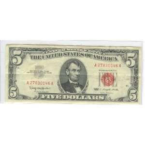  FIVE DOLLAR BILL RED SEAL 1963 UNITED STATES NOTE 