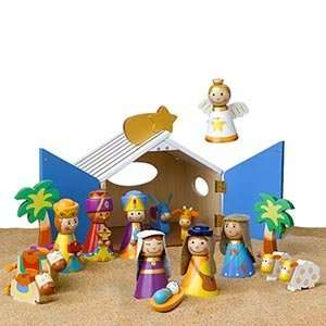  16 piece wooden childrens nativity set hand painted new in box 