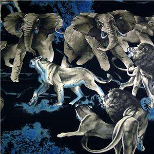 Alexander Henry Cotton Fabric Thrilling Lions, Elephants on Black, OOP 