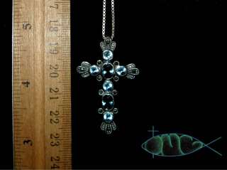 Lg Sterling Silver Aquamarine Marcasite Cross Pendant  