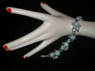 Vintage BABY BLUE CELLULOID RHINESTONE FLOWER Bracelet  