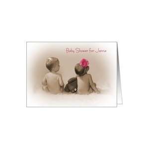 Baby Shower Invitation for Jenna, little boy and girl with pink flower 