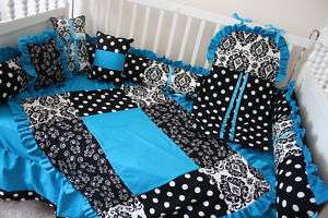 New 8 pc Black damask/turquoise /dot baby bedding set  