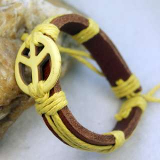 Yellow Turquoise Gem Peace Leather Hemp Cuff Bracelets  